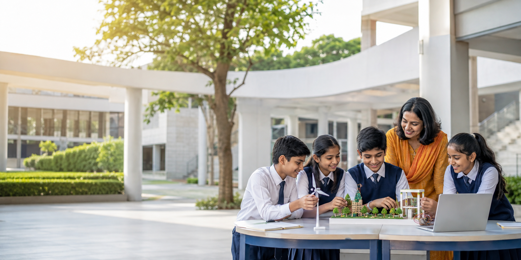 Students and teacher collaborating on a school project