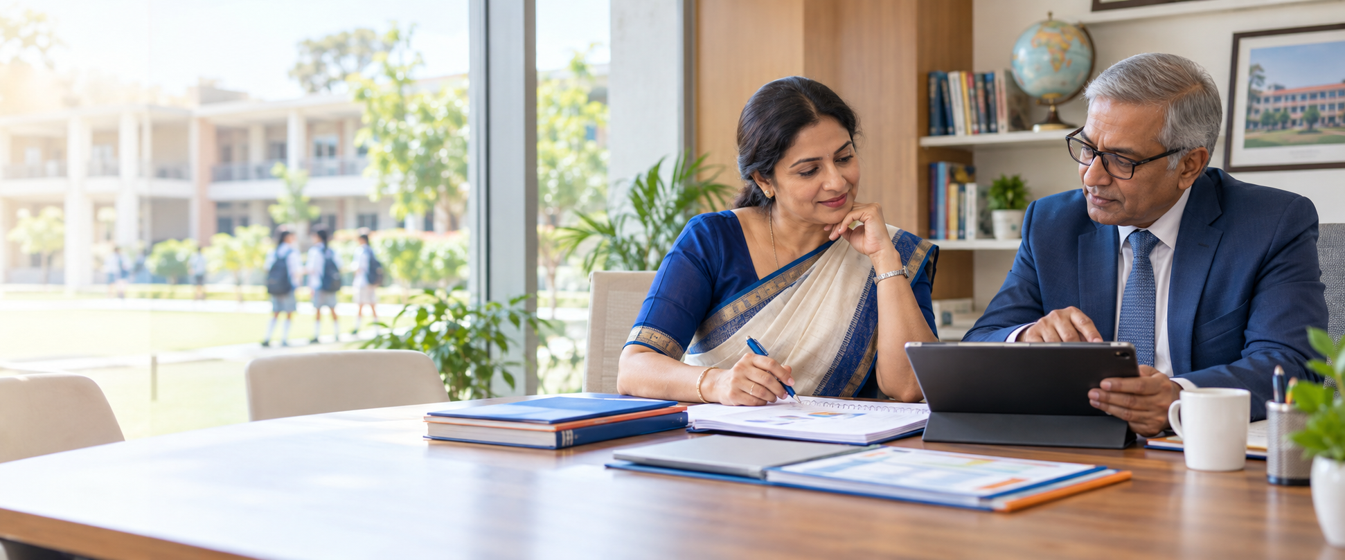 School principal and education advisor planning an institutional roadmap
