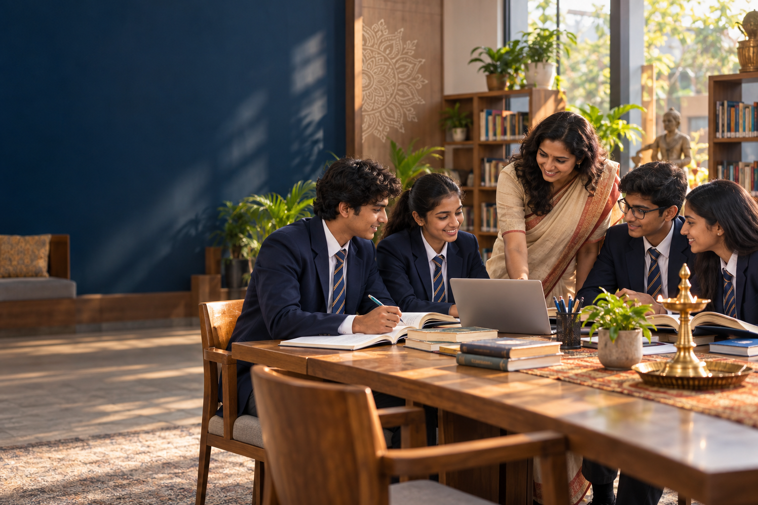 Teacher mentoring students in an Indian learning space