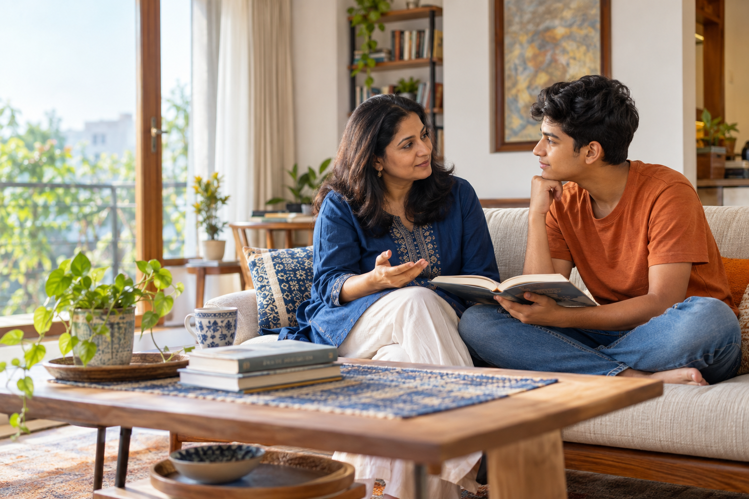 Indian parent and teenager having a thoughtful conversation at home