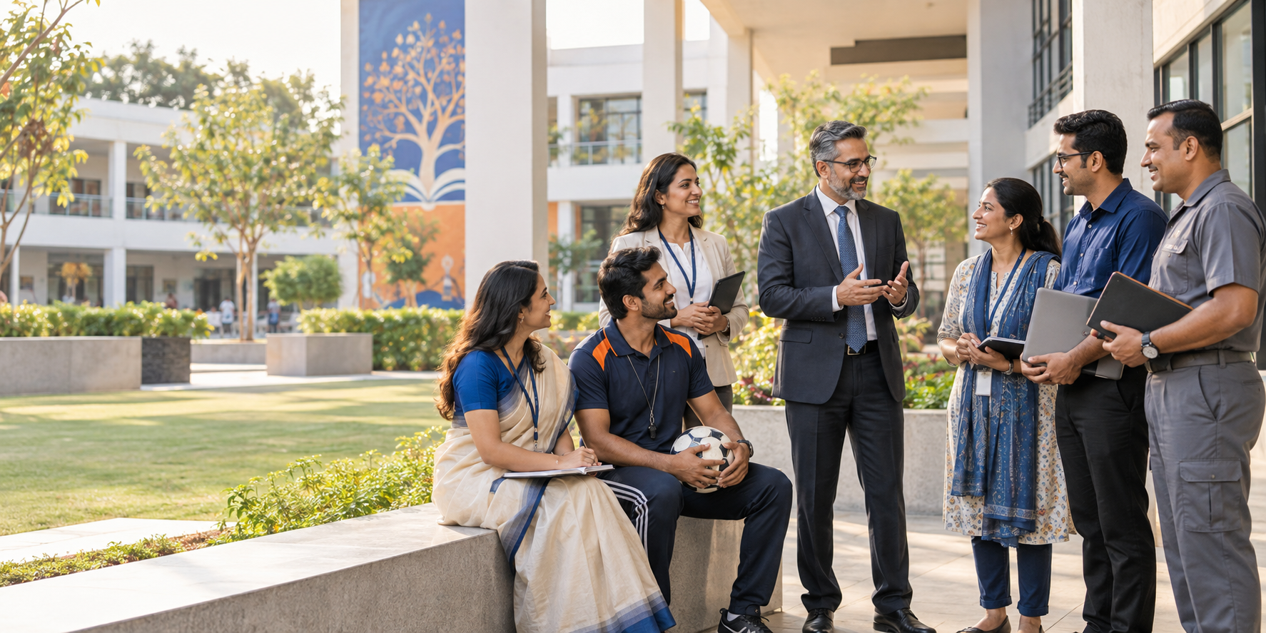 Complete school workforce collaborating on a modern campus