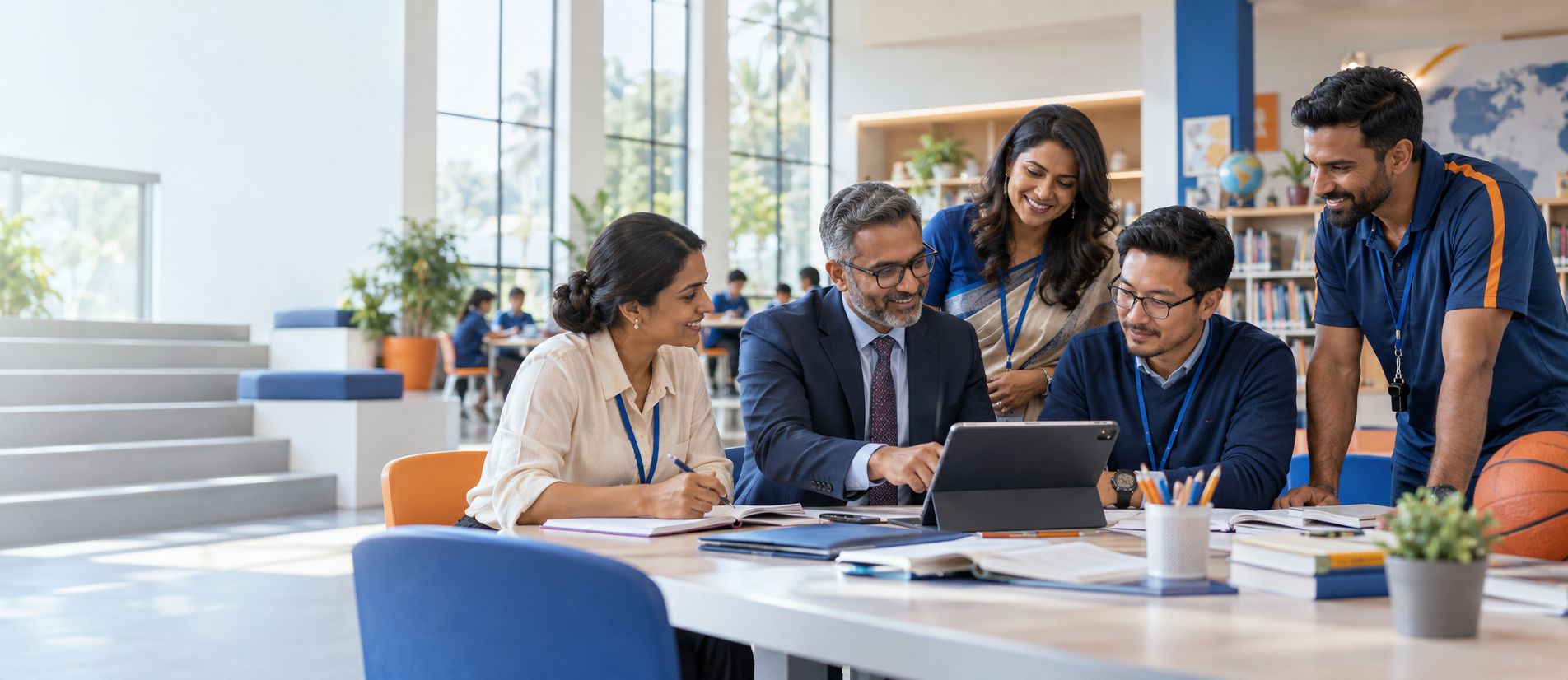 Diverse school professionals collaborating in a modern learning space